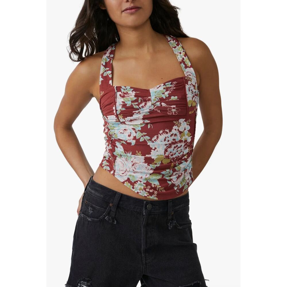 Free People Ginger Snap Floral Sleeveless Tank Top Brown Cinnamon Combo Size L